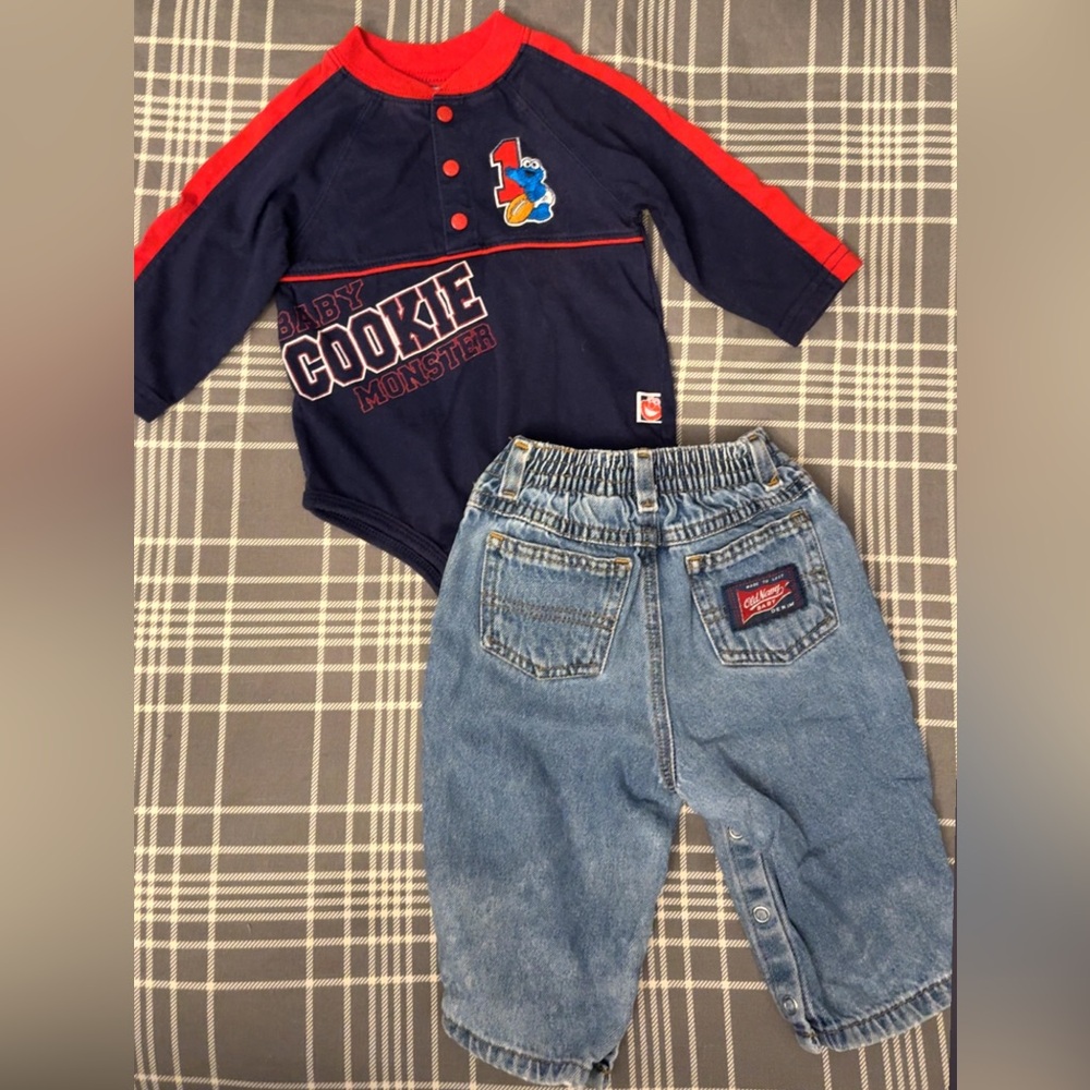Vintage Y2K 2002 Cookie Monster onesie with vintage old navy jeans